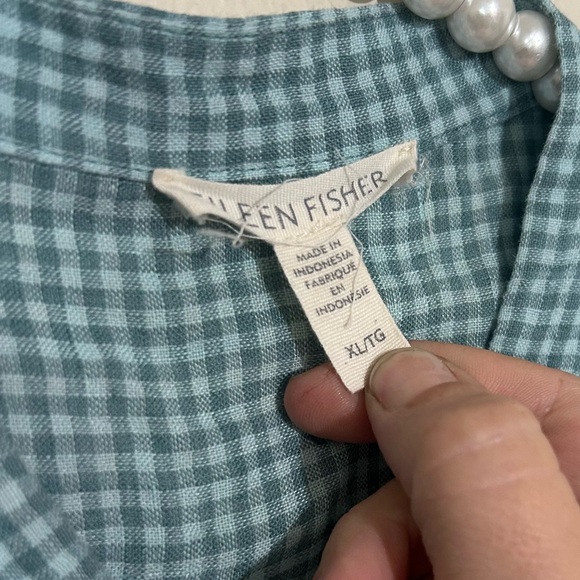 Eileen Fisher Puckered Organic Linen Short Sleeve Blue Shirt SIZE XL - Picture 3 of 5